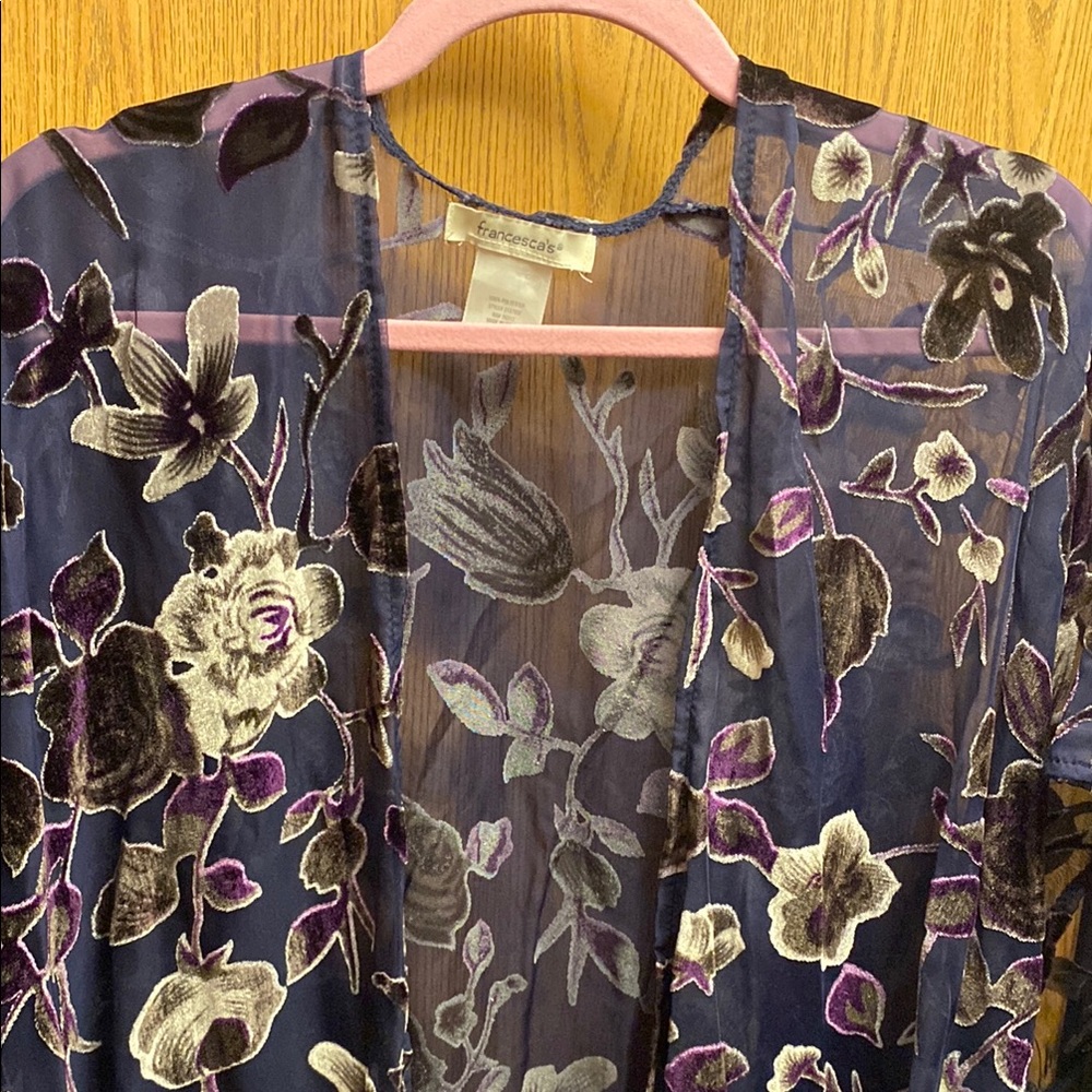Francesca's Collections Floral Sheer Jacket - Purple and Cream